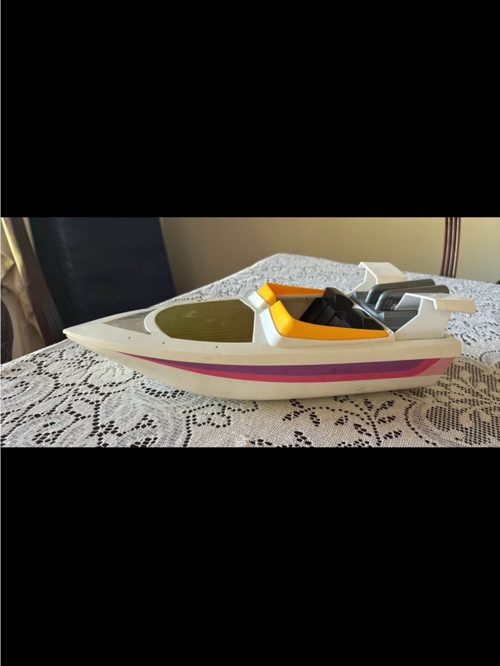 Meritus Industries White Speed Barbie Boat with Yellow Cockpit and Pink Stripe